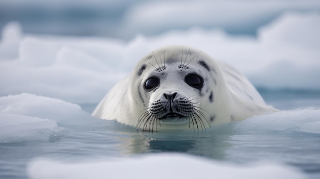 Тюлень плавает во льду.