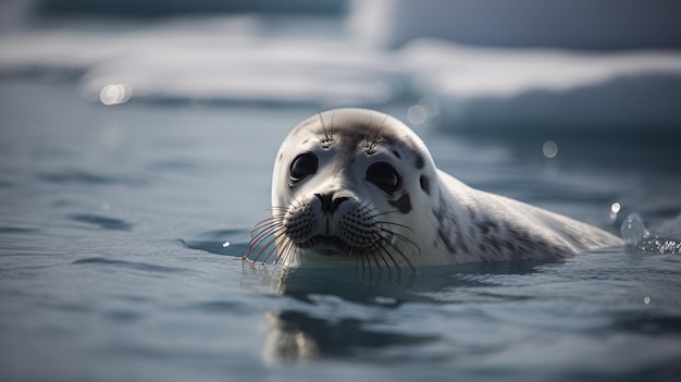 A seal swims in the water in the arctic.