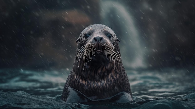 A seal in the water with the word sea on the bottom