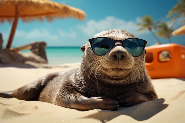 A seal wearing sunglasses is sunbathing on a sandy beach by the sea under the palms