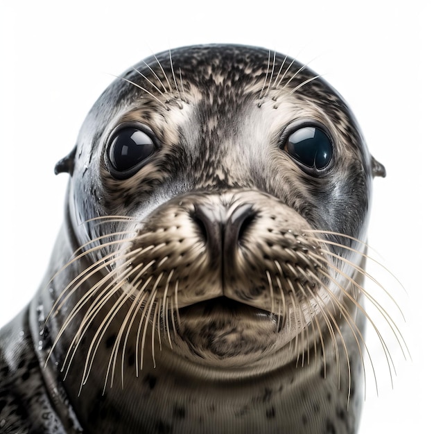 A seal with a black nose and a white spot on its face.