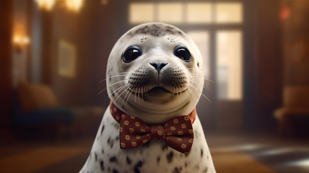 A seal with a bow tie sits in front of a chandelier.