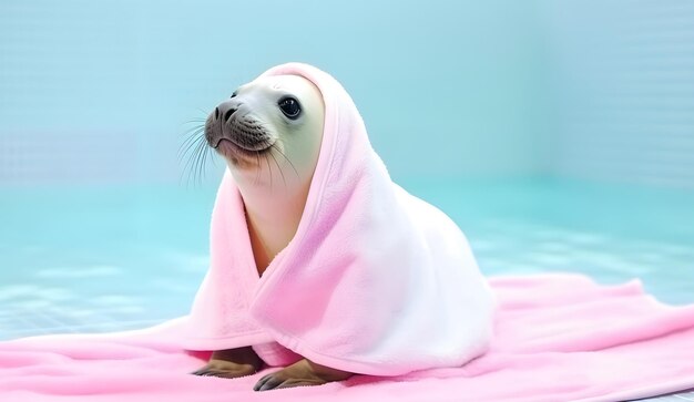 Seal with towel at swimming pool AI generated