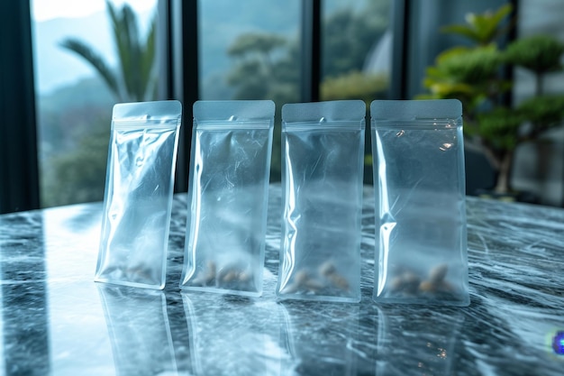 写真 封印された空っぽの透明な袋はテーブルのパッケージングコンセプトにあります