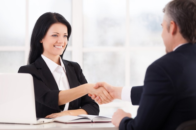 Sealing a deal. Two cheerful business people handshaking and smiling while sitting face to face at the table