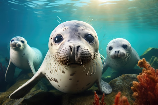 コーラル・リーフの海豚の群れ 水中動物の群れ