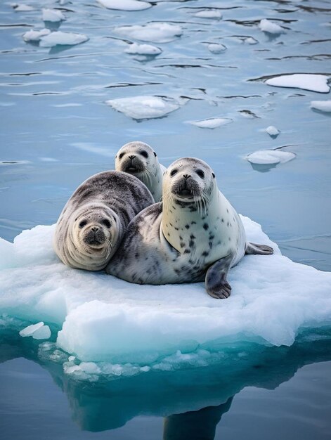 Seals on the ice floe in aerial view