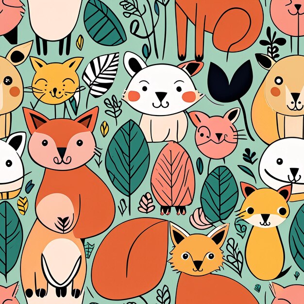 seam pattern with cute animals in the forest