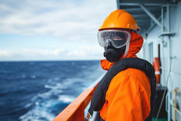 船の甲板に乗っている船員 (A) または船員 (B) は,個人保護装置 (PPE) のヘルメットを着用している.