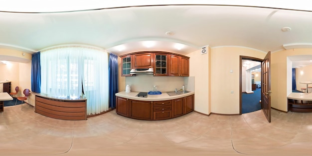 Seamless 360 panorama in interior of kitchen of cheap hotel
flat or apartments with chairs and table in equirectangular
projection with zenith and nadir vr ar content