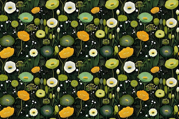 Seamless abstract pattern of green and yellow flowers