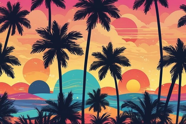 Seamless abstract pattern with sun palm tree leaves Summer sunset texture Vector illustration
