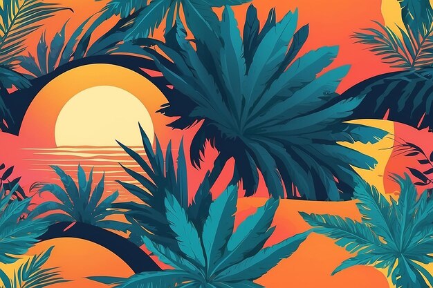 Photo seamless abstract pattern with sun palm tree leaves summer sunset texture vector illustration