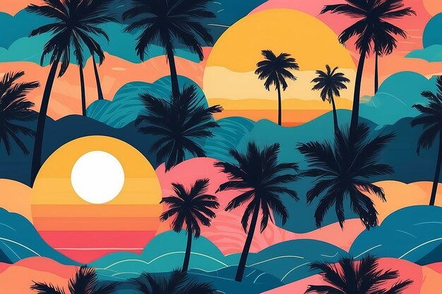 Seamless abstract pattern with sun palm tree leaves Summer sunset texture Vector illustration