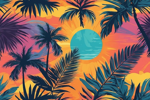 Бесшовный абстрактный рисунок с листьями солнечной пальмы Летняя текстура заката Векторная иллюстрация