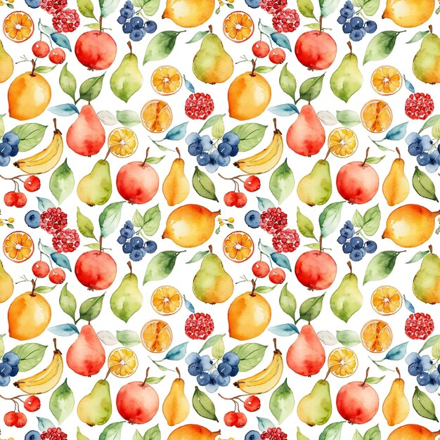 Seamless abstract watercolor pattern with flowers and fruits