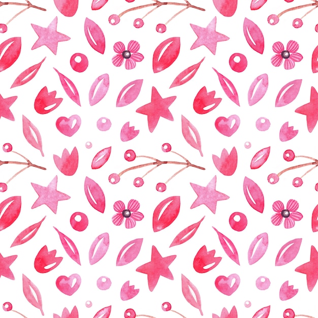Seamless abstract watercolor pattern with leafs, berries, hearts, stars
