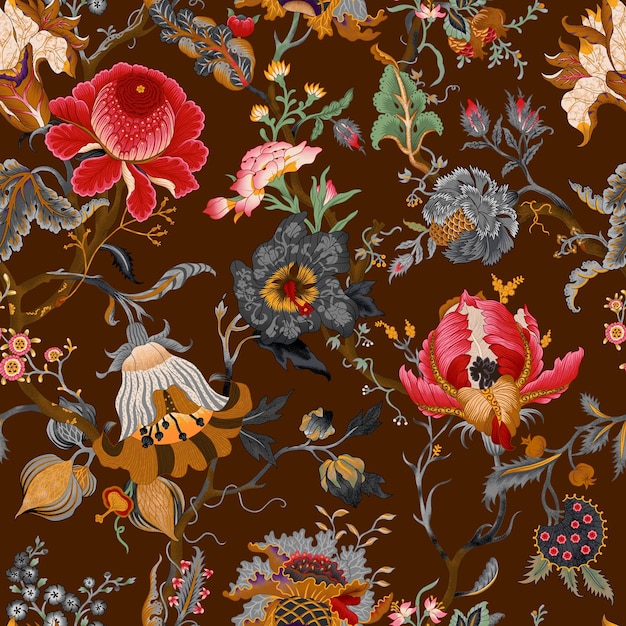 Photo seamless antique floral design with dark base for textile prints and wallpapers