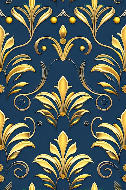 Seamless art nouveau botanical pattern Abstract gold flowers on blue background