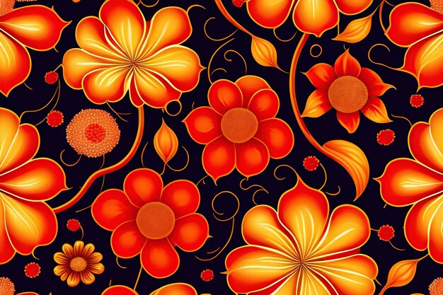 Seamless art nouveau botanical pattern abstract gold flowers on red background