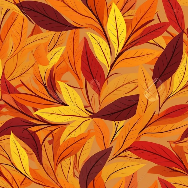 Бесшовный фон осенних листьев с оранжевым и красным цветами, генеративный ai
