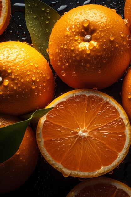 The seamless background of fresh oranges is adorned with sparkling water droplets layout food