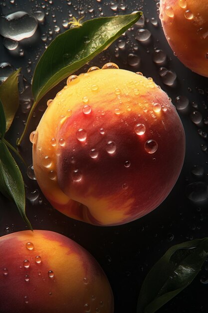 The seamless background of fresh peach is adorned with sparkling water droplets layout food