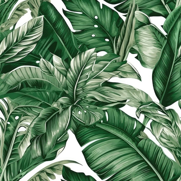 Бесшовный фон с зелеными тропическими листьями на белом фоне Генеративный AI