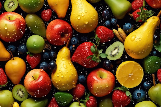 Seamless background of many beautiful and shiny fruits top view