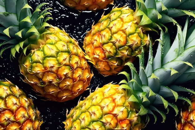 Seamless background of many beautiful and shiny pineapple top view