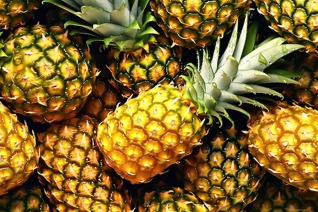 Seamless background of many beautiful and shiny pineapple top view