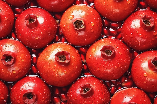 Seamless background of many beautiful and shiny pomegranate top view