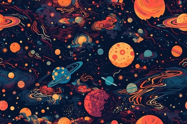 Бесшовный фоновый узор с космосом, звездами, планетами, генеративной иллюстрацией AI