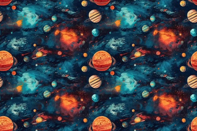 Seamless background pattern with cosmos stars planets Generative AI illustration