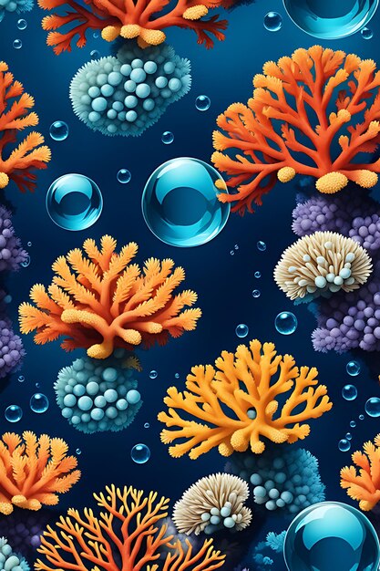 Seamless background with corals and bubbles on a blue background