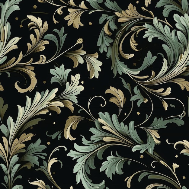 A seamless background with gold and green leaves and flowers.