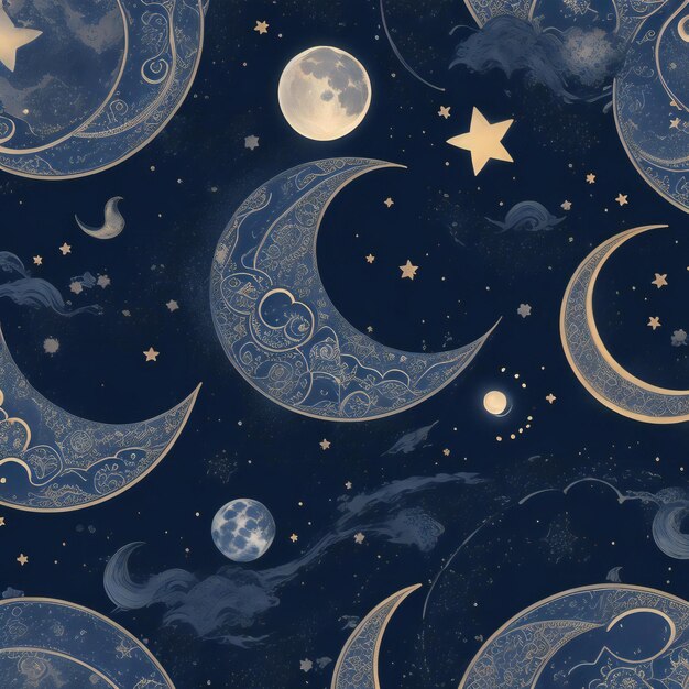 無縫の背景に 月と星が描かれている