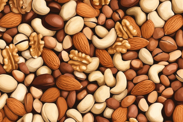 Бесшовный фон с иллюстрацией орехов для вашего дизайна Фоновая иллюстрация различных натуральных свежих орехов Сгенерировано AI