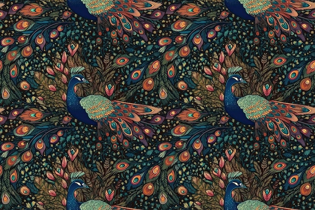 Seamless background with pattern of birds peacocks with feathers Generative AI illustration