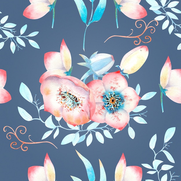 Seamless background with pink hellebore flowers, buds, leaves, decorative branches on a blue background . Watercolor illustration, handmade.