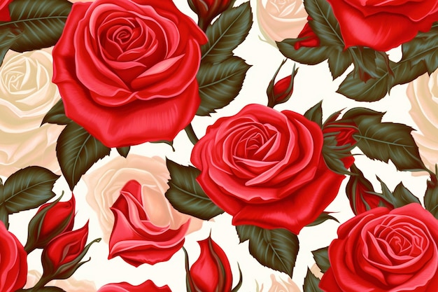 seamless background with red and white roses and leaves generative ai