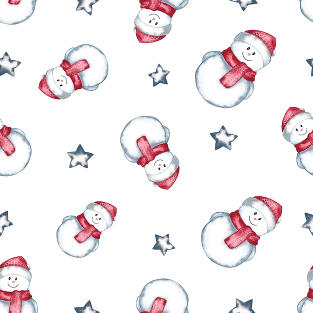 Seamless background with snowmen. Watercolor illustration.