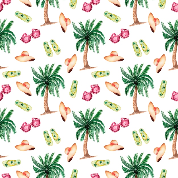 Seamless background with watercolor summer symbols-palm tree,flat slippers shoes,hat and sun glasses.Summer season pattern.