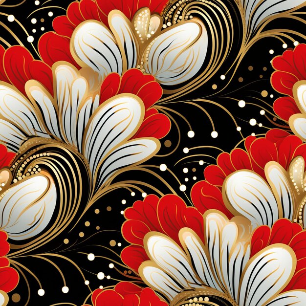 Seamless background with white red and black floral patterns