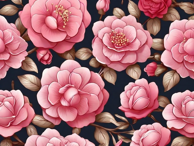 Seamless beautiful pink camellia roses pattern wallpaper design