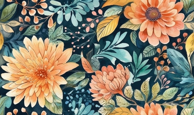 Seamless beautiful watercolor flowers pattern