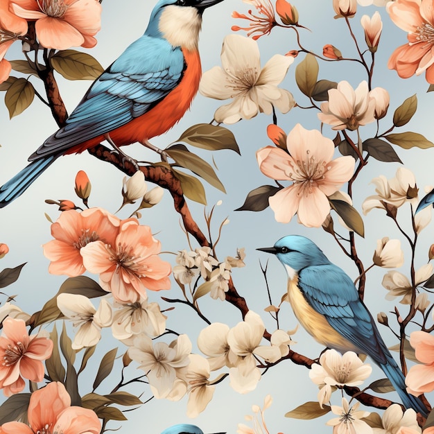 Seamless Bird on Branch with Flowers Pattern Whimsical Nature Delight