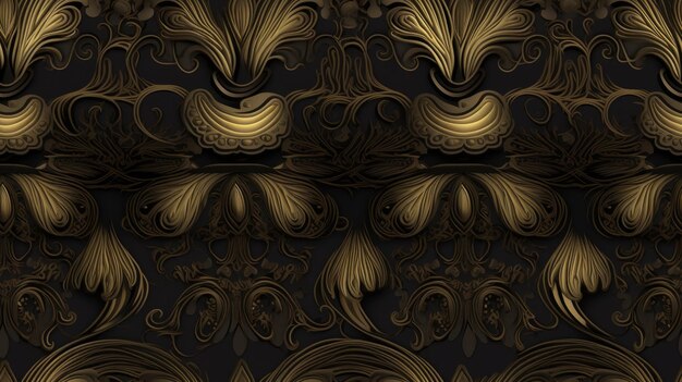 Seamless Black Background Texture with Luxury Gold Ornaments