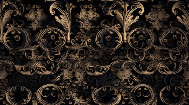 Seamless Black Background Texture with Luxury Gold Ornaments