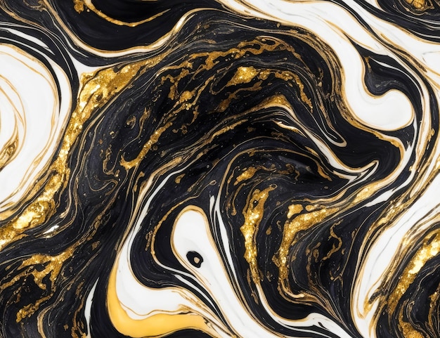 Seamless black color and golden glitters fluid pattern